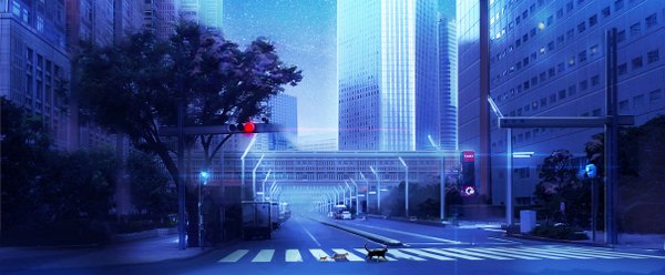 Anime picture 1207x500 with original zonmin wide image sky outdoors night night sky city cityscape walking city lights street crosswalk plant (plants) animal tree (trees) building (buildings) star (stars) cat ground vehicle