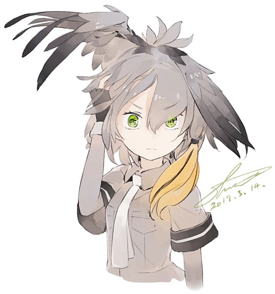 Anime picture 889x950 with kemono friends shoebill (kemono friends) shihou (g-o-s) single tall image looking at viewer fringe short hair simple background hair between eyes white background green eyes upper body grey hair adjusting hair dated head wings alternate eye color girl gloves