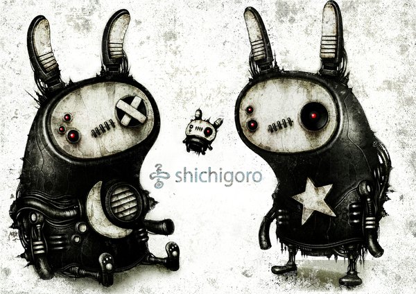 Anime picture 1024x724 with original shichigoro simple background standing sitting signed animal ears no people star (symbol) robot moon (symbol)