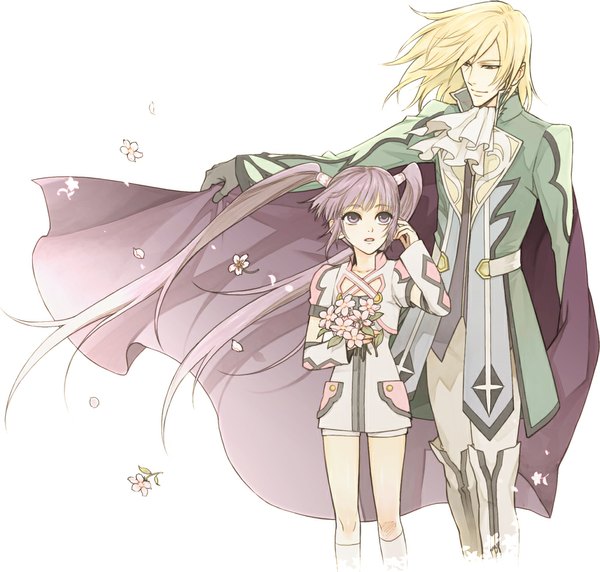 Anime picture 1028x981 with tales of graces sophie (tales) richard (tales) long hair simple background blonde hair white background purple eyes twintails brown eyes purple hair girl boy flower (flowers) detached sleeves suit bouquet