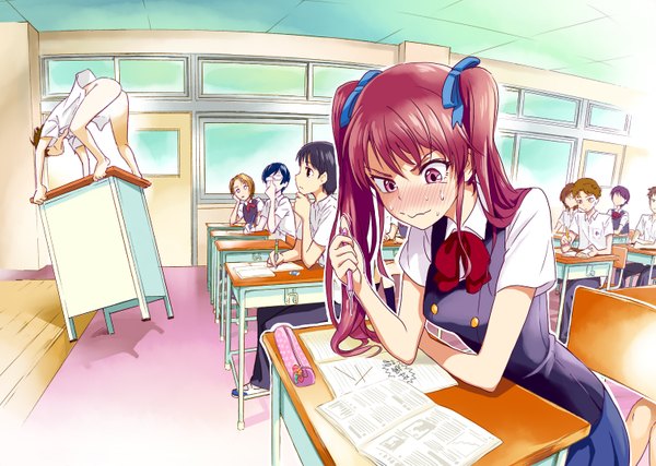 Anime picture 1508x1074 with another p.a. works akazawa izumi yamashita bungo blush light erotic black hair brown hair twintails multiple girls red hair pink eyes censored multiple boys classroom 6+ boys 7 boys humor writing girl