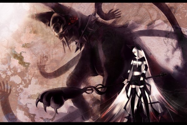 Anime picture 1400x939 with tsurukame long hair animal ears white hair letterboxed striped demon girl cat mask collar
