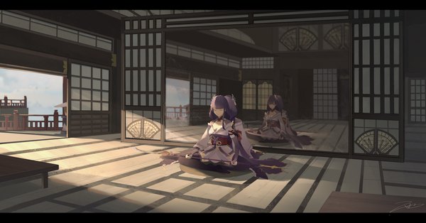 Anime picture 7000x3667 with genshin impact raiden shogun ame999 long hair fringe highres wide image sitting purple eyes holding signed looking away absurdres cleavage purple hair indoors blunt bangs braid (braids) eyes closed traditional clothes
