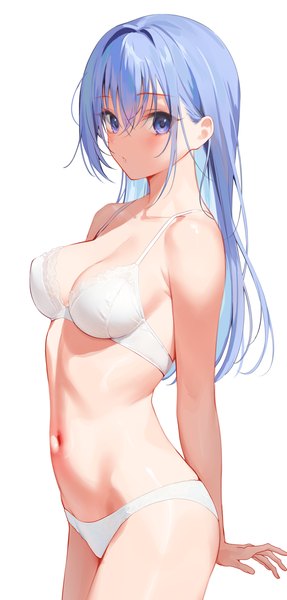 Anime picture 1614x3378 with idolmaster idolmaster shiny colors suzuki hana gin00 single long hair tall image looking at viewer blush fringe breasts blue eyes light erotic simple background hair between eyes large breasts standing white background payot blue hair