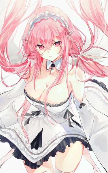 Anime picture 1000x1600 with azur lane perseus (azur lane) irohatomo single long hair tall image fringe breasts light erotic hair between eyes large breasts twintails payot pink hair cleavage pink eyes low twintails girl dress detached sleeves