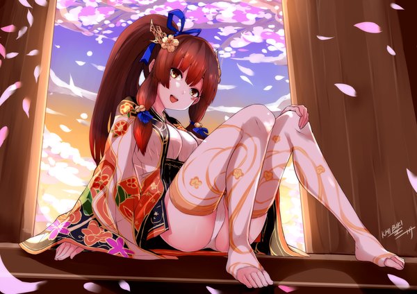 Anime-Bild 1920x1358 mit puzzle & dragons tsubaki (puzzle & dragons) khibiki (brequiem) single long hair looking at viewer highres breasts open mouth light erotic brown hair sitting twintails brown eyes signed sky full body bent knee (knees) ponytail head tilt