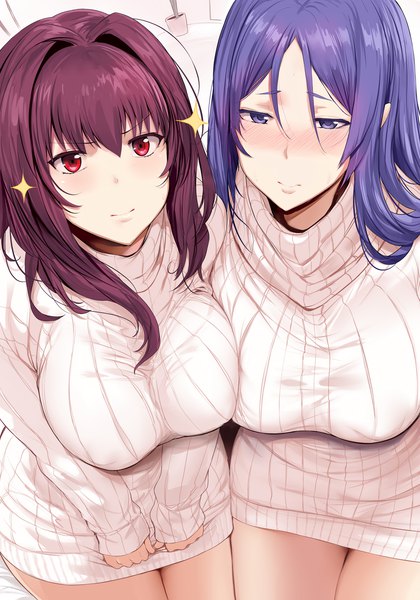 Anime picture 4200x6000 with fate (series) fate/grand order scathach (fate) (all) scathach (fate) minamoto no raikou (fate) hews long hair tall image looking at viewer blush fringe highres breasts light erotic hair between eyes red eyes large breasts purple eyes multiple girls absurdres