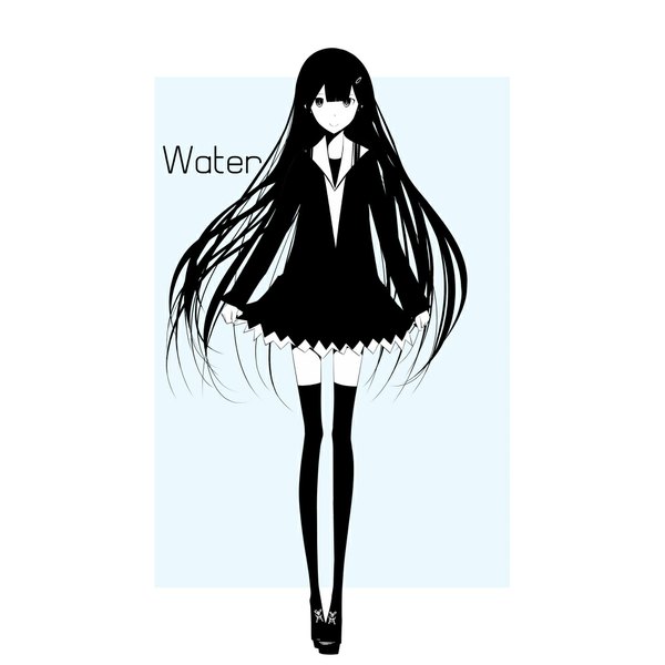 Anime picture 1000x1000 with original haru@ single long hair looking at viewer black hair smile black eyes border pale skin outside border girl thighhighs dress hair ornament black thighhighs frills hairclip
