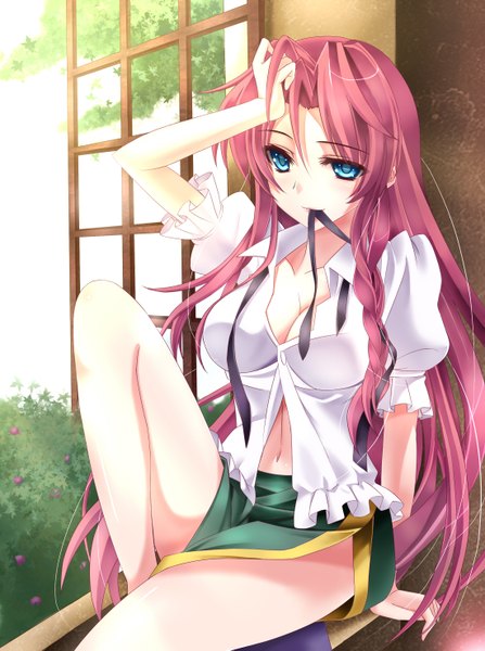 Anime picture 2200x2950 with touhou hong meiling youxuemingdie single long hair tall image highres blue eyes sitting holding pink hair bare legs mouth hold ribbon in mouth girl navel ribbon (ribbons) shirt window