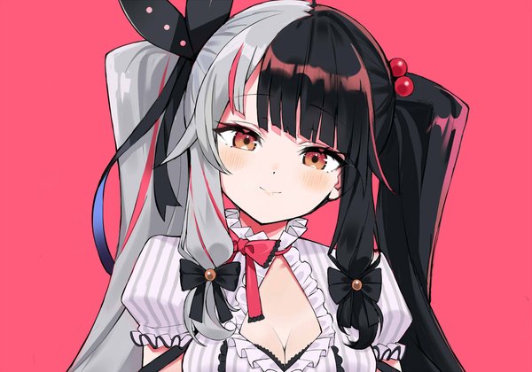 Anime picture 1430x1000 with virtual youtuber nijisanji yorumi rena kuhotaka single long hair looking at viewer blush fringe black hair simple background red eyes twintails cleavage silver hair upper body blunt bangs head tilt multicolored hair two-tone hair