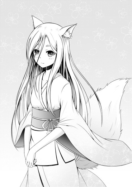 Anime picture 1488x2105 with tokyo ravens 8bit hishamaru asakurashinji single long hair tall image looking at viewer blush standing animal ears tail traditional clothes japanese clothes animal tail light smile wide sleeves fox ears fox tail fox girl