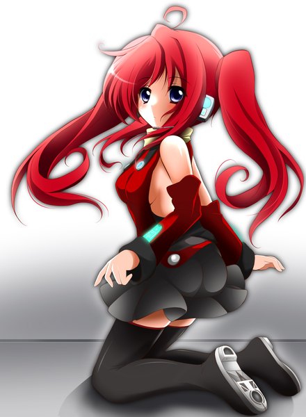 Anime picture 3000x4092 with original suemizu yuzuki single long hair tall image highres blue eyes twintails bare shoulders ahoge red hair girl thighhighs black thighhighs detached sleeves