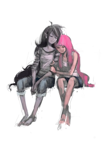 Anime picture 1091x1500 with adventure time marceline (adventure time) princess bubblegum (adventure time) long hair tall image black hair simple background smile white background multiple girls pink hair eyes closed light smile pointy ears hug dark skin girl 2 girls shorts sweater