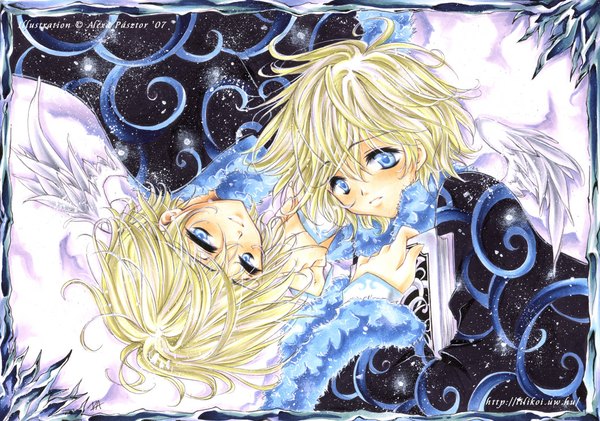 Anime picture 1058x744 with tsubasa reservoir chronicle clamp fay d flourite yuui flourite luleiya short hair blue eyes blonde hair multiple boys angel wings twins boy book (books) 2 boys child (children)