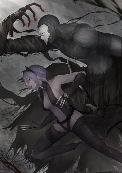 Anime picture 1382x1954 with fate (series) fate/grand order fate/prototype: fragments of blue and silver fate/prototype hassan of serenity (fate) true assassin marumoru tall image fringe short hair breasts open mouth light erotic hair between eyes purple eyes holding payot looking away purple hair profile