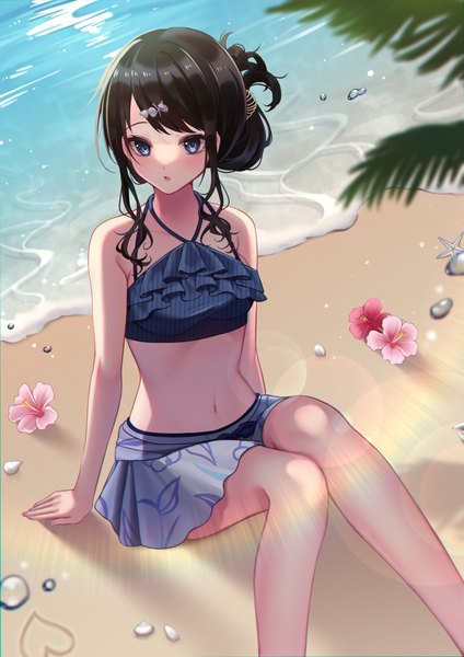 Anime-Bild 2894x4093 mit idolmaster idolmaster shiny colors kazano hiori maguro lo single long hair tall image fringe highres breasts open mouth blue eyes black hair sitting looking away outdoors arm support :o beach lens flare
