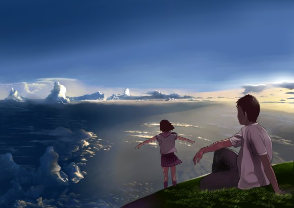 Anime picture 1200x848 with original shiira short hair brown hair standing sitting sky cloud (clouds) pleated skirt from behind sunlight couple spread arms morning sunrise panorama girl boy skirt uniform