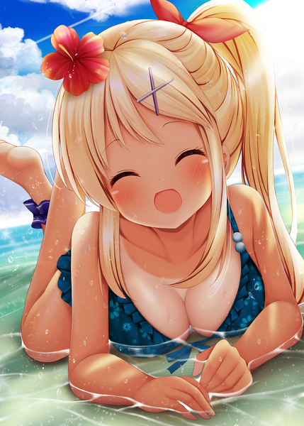 Anime picture 1200x1678 with kin-iro mosaic kujou karen minato (ojitan gozaru) single long hair tall image blush fringe breasts open mouth light erotic blonde hair smile large breasts bare shoulders payot sky cloud (clouds) outdoors lying
