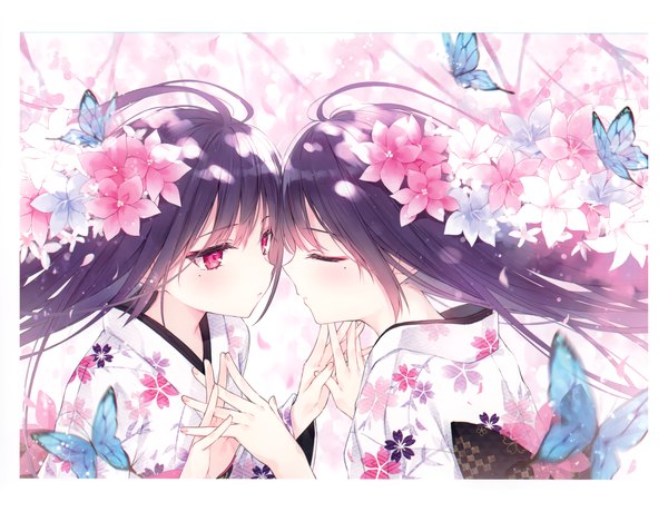 Anime picture 3805x2919 with original eshi 100-nin ten rurudo long hair blush fringe highres multiple girls looking away absurdres purple hair upper body eyes closed traditional clothes japanese clothes profile pink eyes hair flower blurry scan