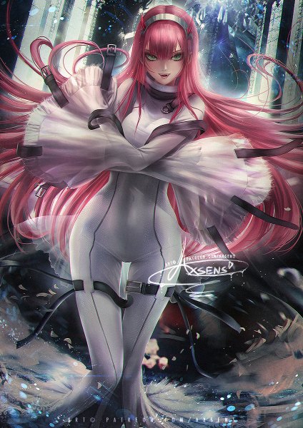 Anime picture 848x1200 with code geass darling in the franxx sunrise (studio) studio trigger c.c. zero two (darling in the franxx) axsen single long hair tall image looking at viewer fringe breasts open mouth smile hair between eyes large breasts standing green eyes signed