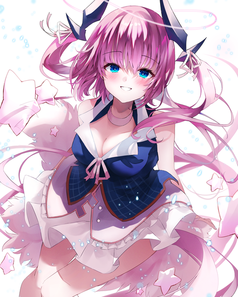 Anime picture 2400x3000 with original w (w64851564) single long hair tall image looking at viewer highres breasts blue eyes light erotic smile large breasts twintails pink hair cleavage horn (horns) sleeveless grin girl star (symbol)