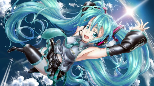 Anime picture 1920x1080 with vocaloid hatsune miku zoneflower blush highres open mouth wide image twintails cloud (clouds) very long hair aqua eyes aqua hair girl detached sleeves miniskirt necktie headphones thigh boots