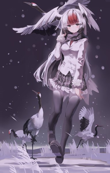 Anime-Bild 955x1500 mit kemono friends red-crowned crane (kemono friends) huanxiang huifeng single long hair tall image looking at viewer blush fringe breasts black hair holding brown eyes full body outdoors white hair red hair blunt bangs long sleeves pleated skirt