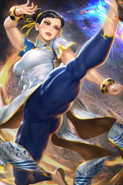 Anime picture 2400x3597 with street fighter street fighter 6 capcom chun-li nudtawut thongmai single tall image highres short hair breasts open mouth light erotic black hair large breasts brown eyes looking away traditional clothes arm up fingernails realistic