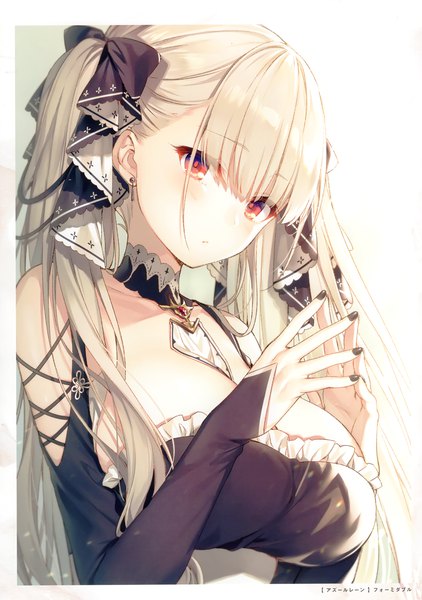 Anime picture 2073x2945 with azur lane formidable (azur lane) toosaka asagi single long hair tall image looking at viewer blush fringe highres breasts light erotic red eyes large breasts twintails bare shoulders upper body nail polish grey hair scan