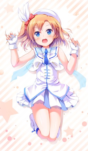 Anime picture 1577x2679 with love live! school idol project sunrise (studio) love live! kousaka honoka kusunoki (escude) tall image looking at viewer blush short hair open mouth blue eyes blonde hair one side up striped background girl dress gloves bow hair bow fingerless gloves