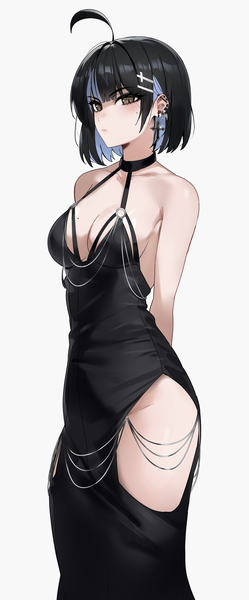 Anime picture 1994x4797 with original irene (kanniiepan) kanniiepan single tall image looking at viewer fringe highres short hair breasts light erotic black hair simple background large breasts standing white background bare shoulders brown eyes cleavage ahoge