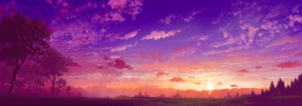 イラスト 2000x704 と オリジナル 磯部トースト highres wide image 空 cloud (clouds) evening sunset landscape 植物 木 森