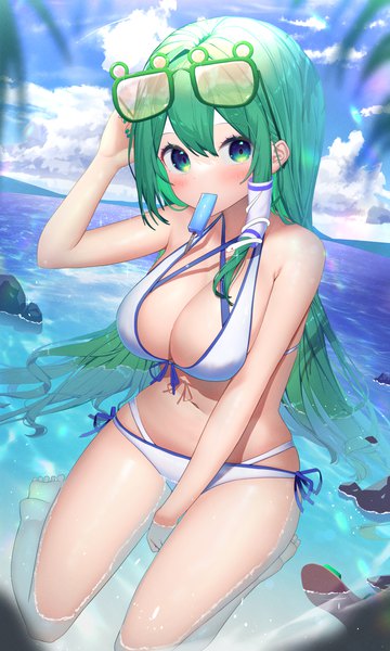 Anime picture 1200x2000 with touhou kochiya sanae kiramarukou single long hair tall image blush fringe breasts light erotic hair between eyes large breasts sitting holding green eyes sky cloud (clouds) green hair partially submerged mouth hold
