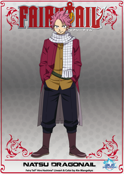 Anime picture 1396x1966 with fairy tail natsu dragneel ale-mangekyo single tall image short hair simple background brown eyes pink hair light smile inscription framed vector hand in pocket boy scarf pants cloak