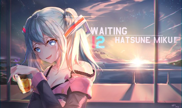 Anime picture 1920x1140 with vocaloid hatsune miku icefurs single long hair looking at viewer blush fringe highres open mouth smile hair between eyes wide image twintails holding signed sky upper body outdoors :d