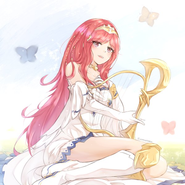 Anime picture 1000x1000 with shingeki no bahamut henriette (shingeki no bahamut) zakuromu single long hair looking at viewer blush fringe open mouth simple background red eyes sitting bare shoulders holding signed bent knee (knees) red hair twitter username hand on chest playing instrument