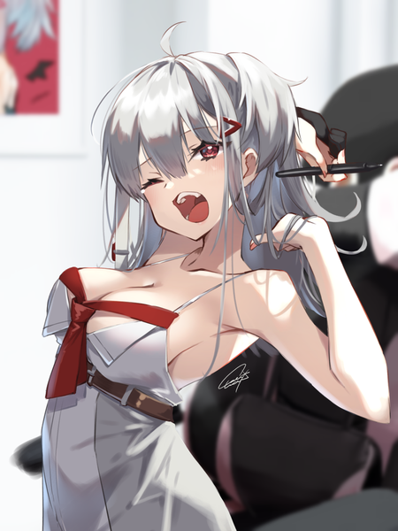 Anime picture 990x1320 with virtual youtuber indie virtual youtuber yaki mayuru yaki mayu single long hair tall image fringe breasts open mouth light erotic hair between eyes red eyes large breasts signed silver hair upper body ahoge indoors one eye closed