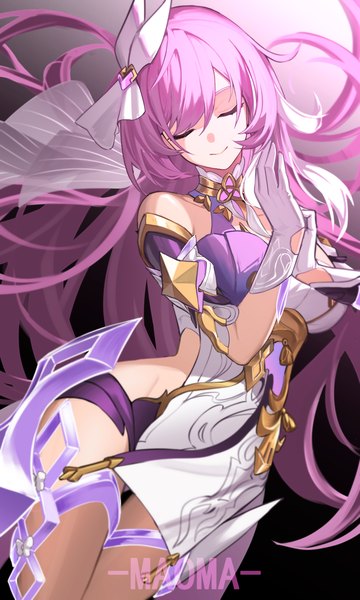 Anime picture 1772x2954 with honkai impact 3rd honkai (series) elysia (honkai impact) elysia (herrscher of human:ego) (honkai impact) 9 vcat single long hair tall image fringe highres breasts light erotic simple background smile hair between eyes standing bare shoulders signed pink hair eyes closed