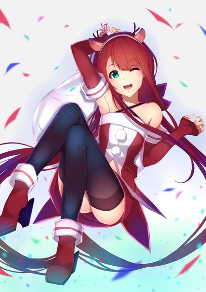Anime picture 800x1129 with kantai collection kawakaze (kantai collection) kameponde single long hair tall image looking at viewer blush fringe open mouth light erotic smile bare shoulders holding animal ears full body bent knee (knees) ass red hair very long hair