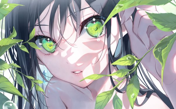 Anime picture 3510x2183 with original miwano rag single long hair looking at viewer blush fringe highres black hair hair between eyes wide image green eyes absurdres parted lips head tilt scan shaded face face girl leaf (leaves)