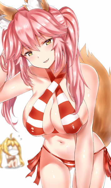 Anime picture 950x1604 with fate (series) fate/grand order nero claudius (fate) (all) tamamo (fate) (all) tamamo no mae (fate) nero claudius (swimsuit caster) (fate) farys (afopahqfw) long hair tall image blush fringe breasts light erotic simple background blonde hair smile hair between eyes large breasts white background twintails