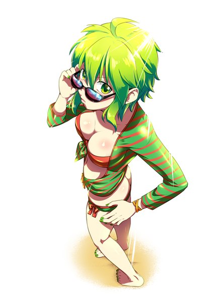 Anime picture 1361x1892 with vocaloid gumi caffein single tall image looking at viewer short hair breasts light erotic simple background standing white background green eyes ass nail polish green hair sunlight hand on hip sunglasses removed toenail polish