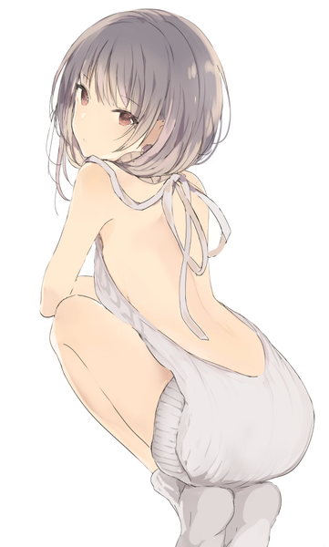 Anime picture 620x1030 with original lpip single tall image fringe short hair light erotic simple background white background bare shoulders brown eyes looking away full body looking back grey hair squat bare back girl socks white socks