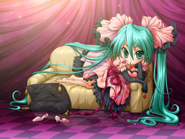 Anime picture 1200x900 with vocaloid world is mine (vocaloid) hatsune miku chibi girl food berry (berries) cherry