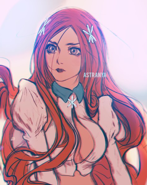 Anime picture 2000x2525 with bleach studio pierrot inoue orihime astranya single long hair tall image fringe highres breasts light erotic simple background signed looking away cleavage upper body lips orange hair grey eyes puffy sleeves