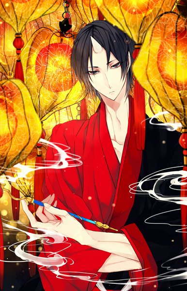 Anime picture 706x1096 with hoozuki no reitetsu wit studio hoozuki (hoozuki no reitetsu) kutsumura single tall image looking at viewer black hair standing holding traditional clothes japanese clothes horn (horns) fingernails black eyes wide sleeves smoke demon hands in sleeves boy