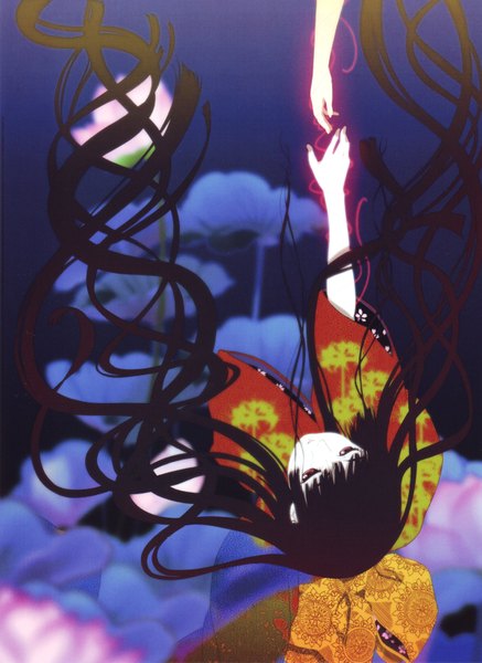 Anime picture 4760x6534 with hell girl studio deen enma ai single long hair tall image fringe highres black hair smile red eyes absurdres blunt bangs traditional clothes japanese clothes floral print falling hime cut girl flower (flowers)