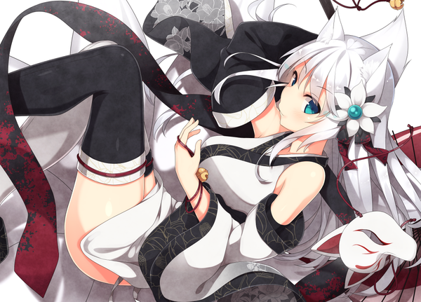 Anime picture 1122x807 with original samegami single long hair looking at viewer blush fringe blue eyes bare shoulders animal ears bent knee (knees) white hair tail long sleeves animal tail hair flower wide sleeves zettai ryouiki fox ears fox tail