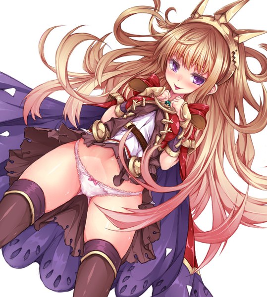 Anime picture 898x1000 with granblue fantasy cagliostro (granblue fantasy) korican single long hair tall image looking at viewer blush fringe light erotic simple background blonde hair white background purple eyes dutch angle ass visible through thighs gradient hair skirt lift :p girl