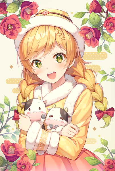 Anime picture 1200x1777 with original pine (angel4195202) single long hair tall image looking at viewer open mouth blonde hair smile holding green eyes upper body braid (braids) traditional clothes fur trim twin braids crossed arms egasumi korean clothes girl